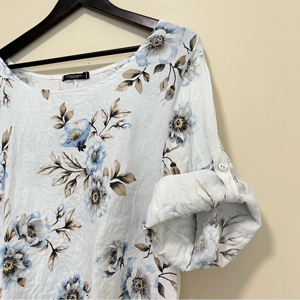 Lungo L’Arno Floral Linen Roll Tab Sleeves Top - Size 1X - Picture 3 of 12